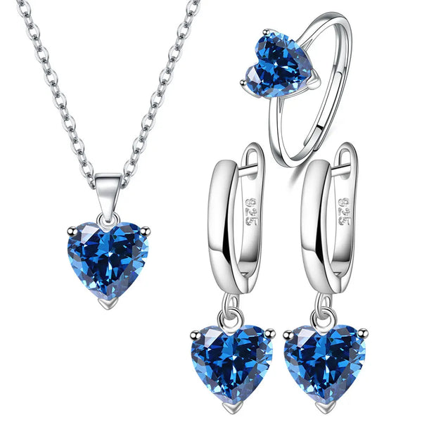Heart Zircon 925 Silver Jewelry Sets Elegant Women's Ring Earrings Necklace Wedding Bridal Engagement Accessories - Tabashishop