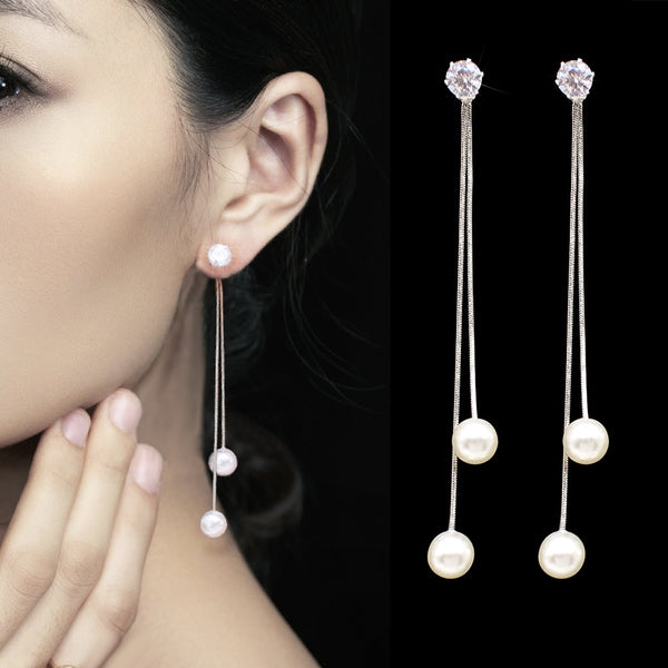 Long Tassel Simulated Pearl Drop Earrings - Tabashishop